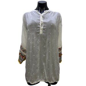 Johnny Was White Embroidered Blouse Multicolor Long Sleeves XS